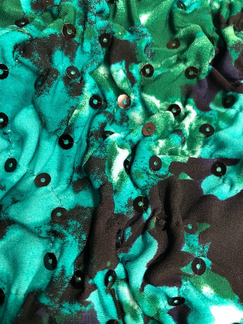 ITY ABSTRACT FLORAL PRINT FABRIC WITH PUCKER SEQUIN EMBROIDERY