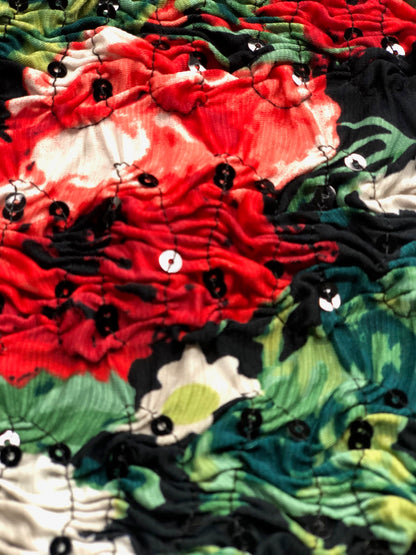 ITY FLORAL PRINT FABRIC WITH PUCKER SEQUIN EMBROIDERY