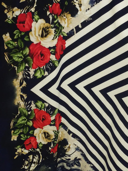 ITY JERSEY FABRIC STRIPE FLORAL DOUBLE BORDER PRINT