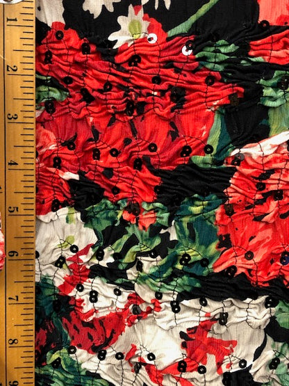 ITY FLORAL PRINT FABRIC WITH PUCKER SEQUIN EMBROIDERY